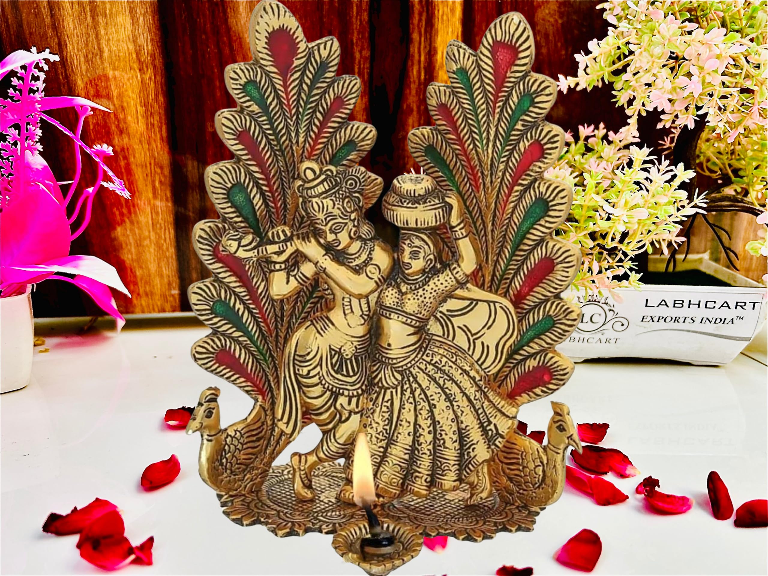 LABHCART Metal Radha Krishna Idol Statue with Diya Peacock Design Decorative Showpiece (Metal, Gold)